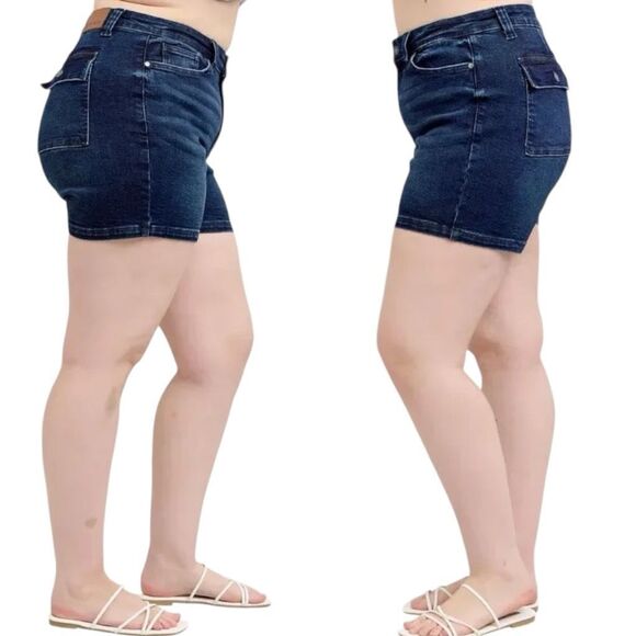 Judy Blue High Rise Jean Shorts Dark Wash Back Flap Pocket Stretch Denim NWT - Picture 7 of 11